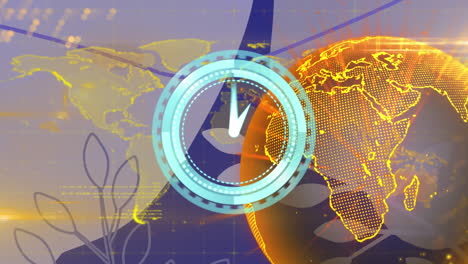 animación del escáner con reloj sobre una red de comunicación global brillante y formas orgánicas