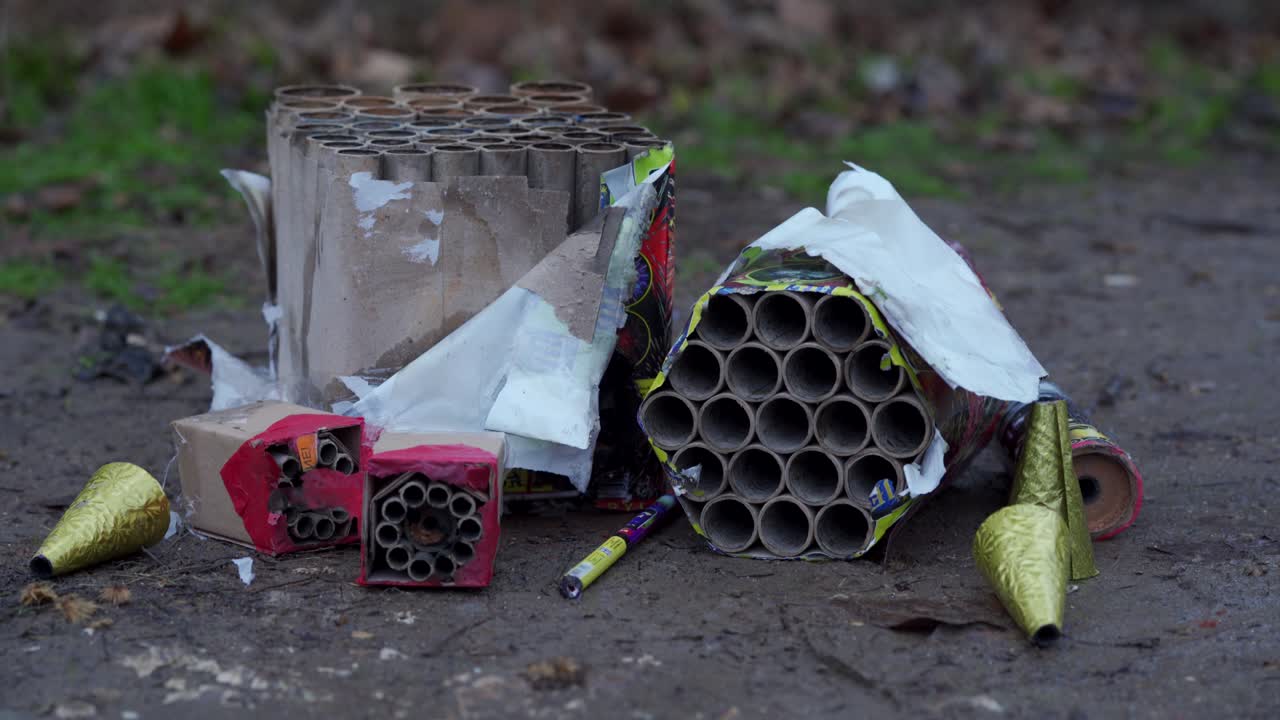 생일, 새해, 크리스마스 축제 후에 거리에서 사용된 불꽃놀이의 어리.