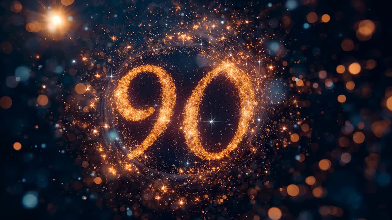 Revealing first frame glowing number 90 forming against navy backdrop, marking 90 with halo, flares