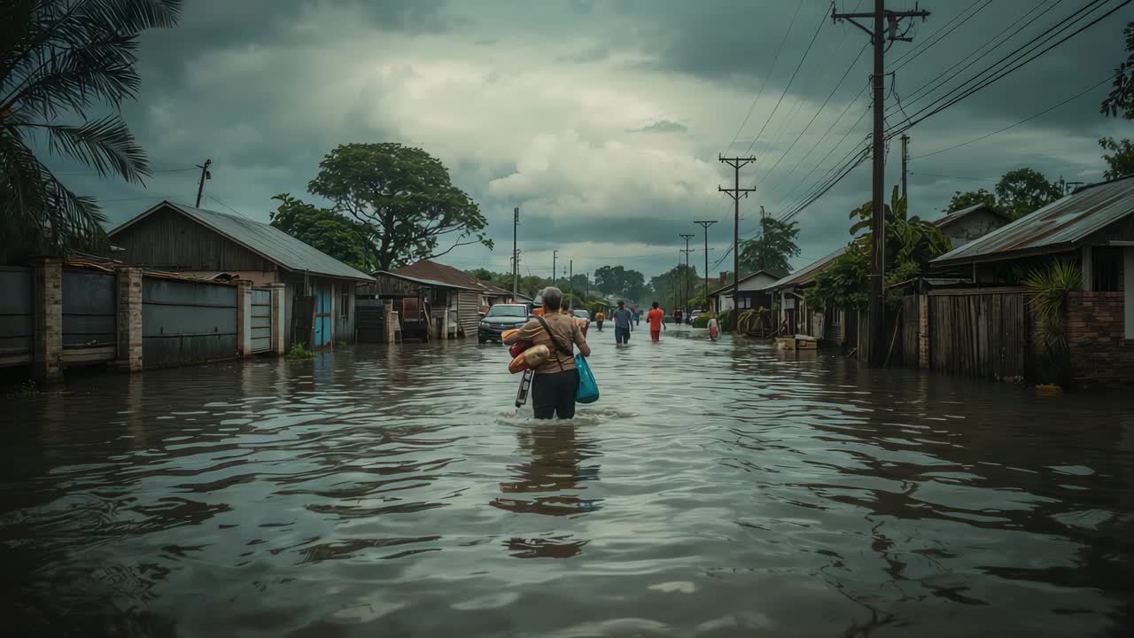 Wading adult in shorts, carrying blue bag, rolled bundle through flooded street, flood forcing exit