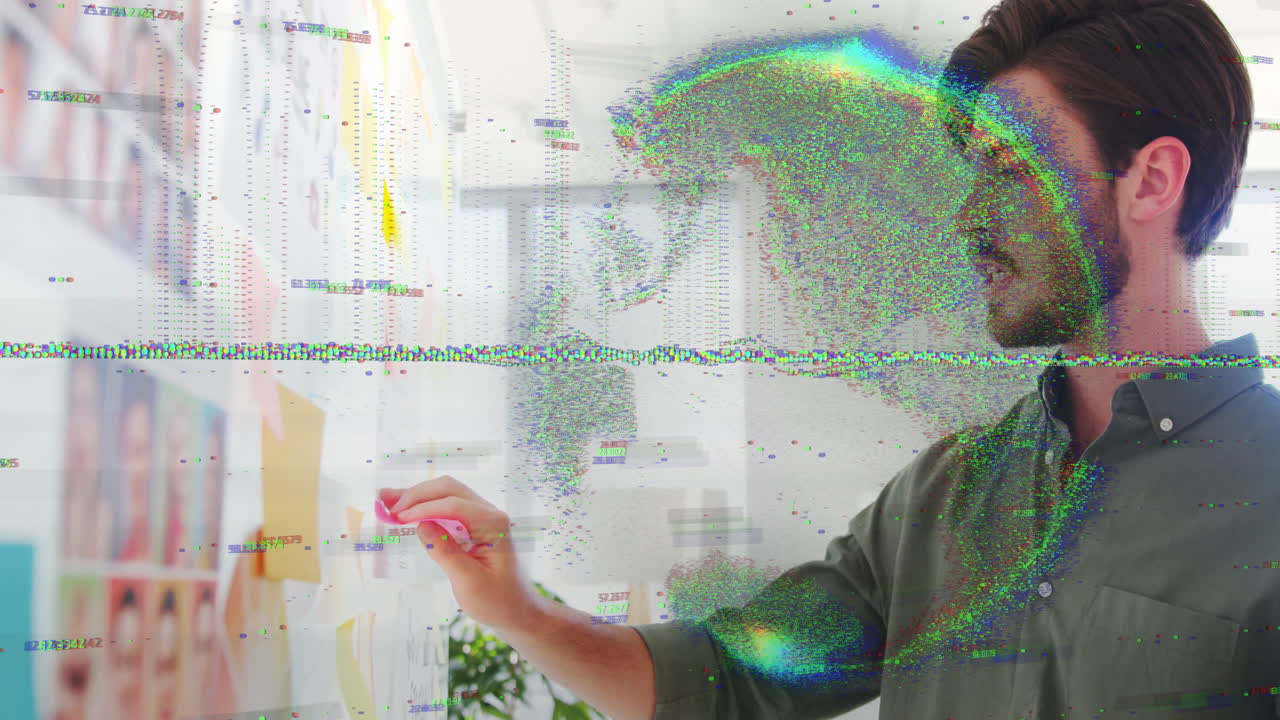 Writing on board, man with colorful animation glitch effect in school