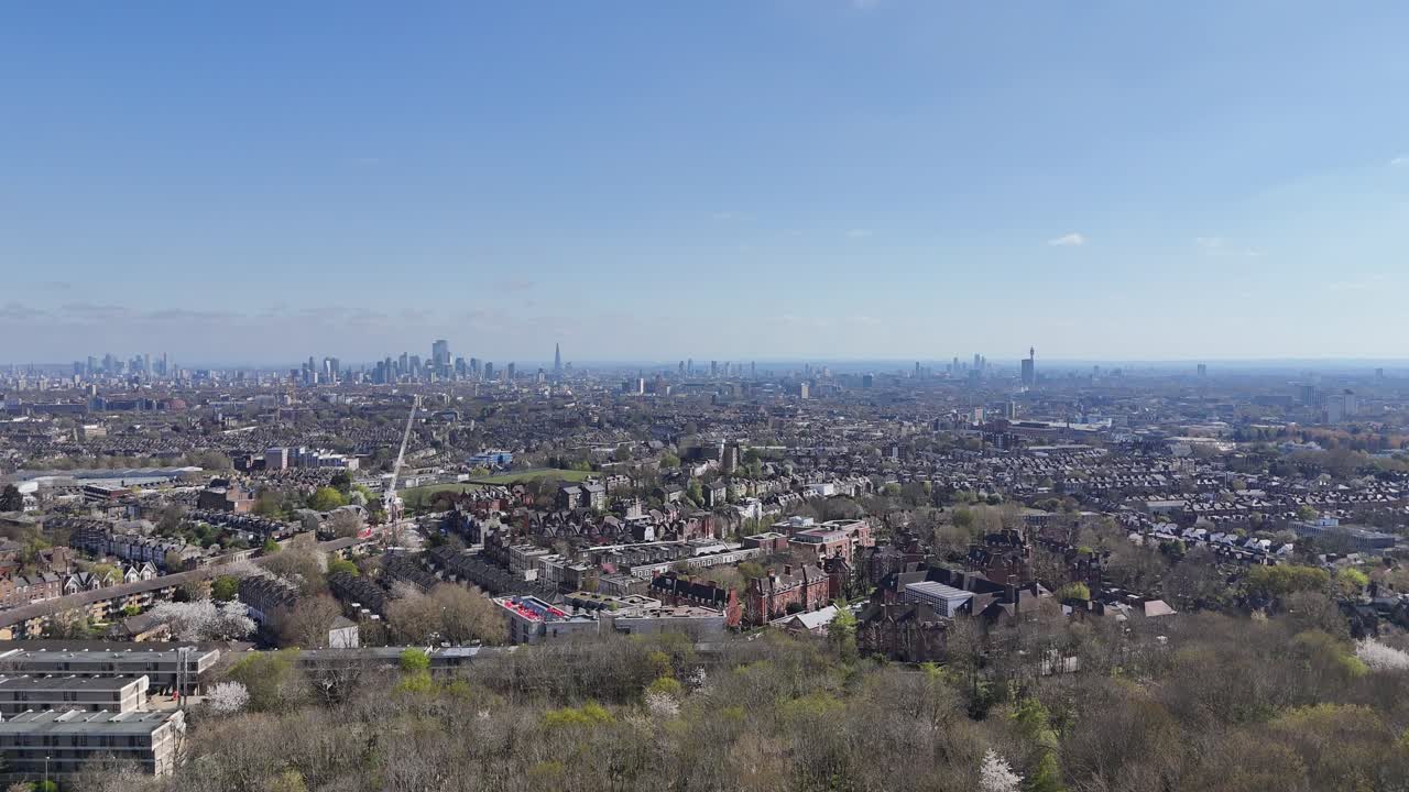 London city skyline establishing aerial shot viewed from Highgate