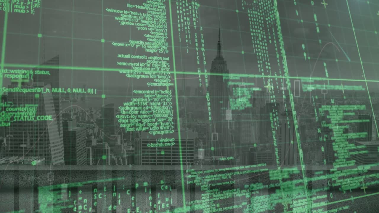 Animation of data processing over grid network against aerial view of cityscape