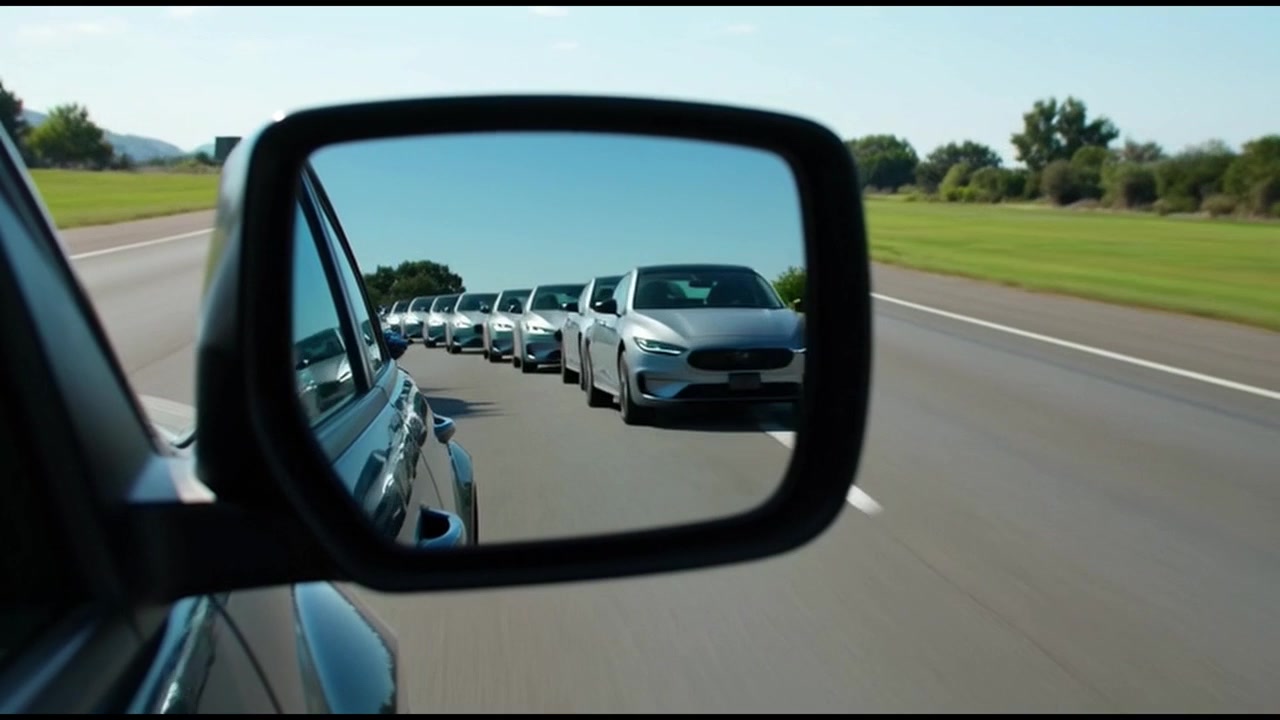 Szereg srebrnych samochodów jadących autostradą, widziany w lusterku bocznym