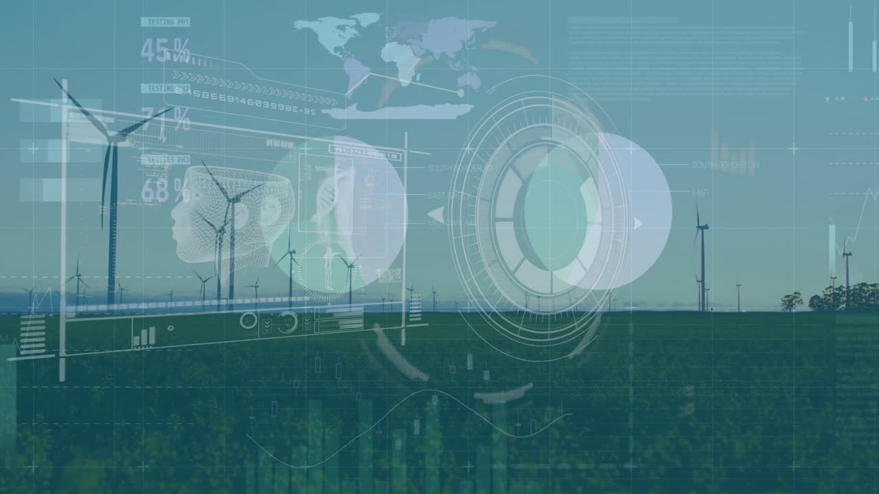 Wind farm scene showing turbines spinning on green field featuring HUD overlays with data charts