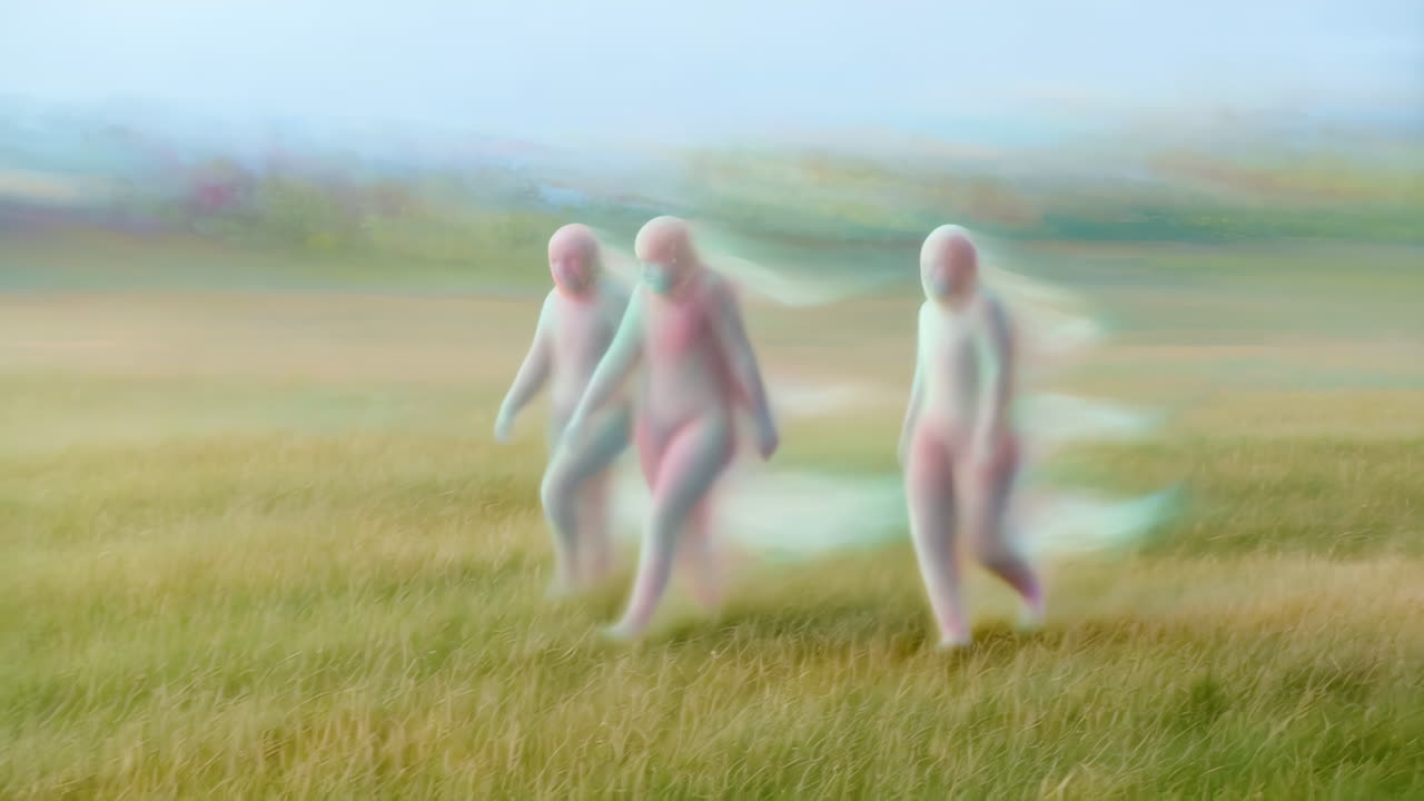 Ethereal Figures Walking Through a Hazy Field