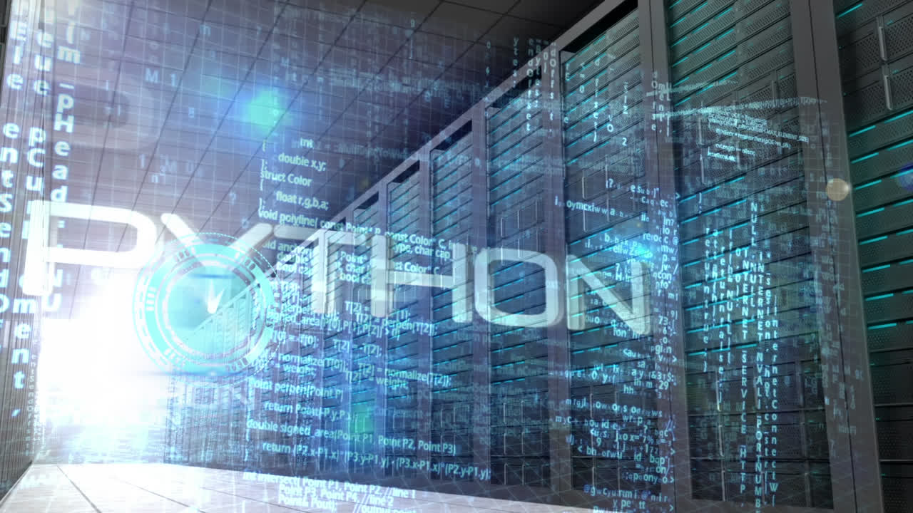 Animation of clock and diverse data processing over server room