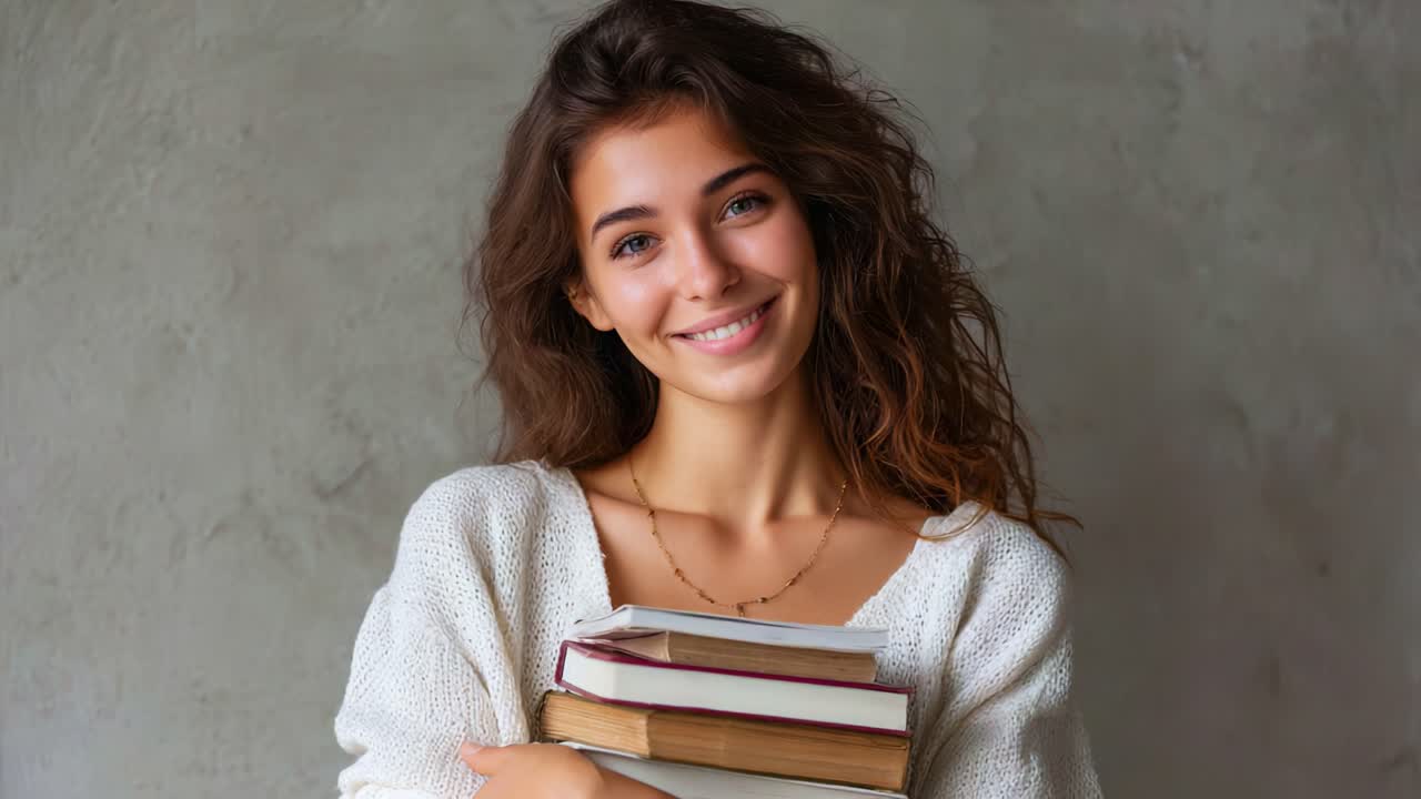 Giovane donna con capelli ricci che sorride mentre tiene in mano una pila di libri indossando un comodo maglione, che mostra l'amore per la lettura e la conoscenza in un'atmosfera calda e accogliente