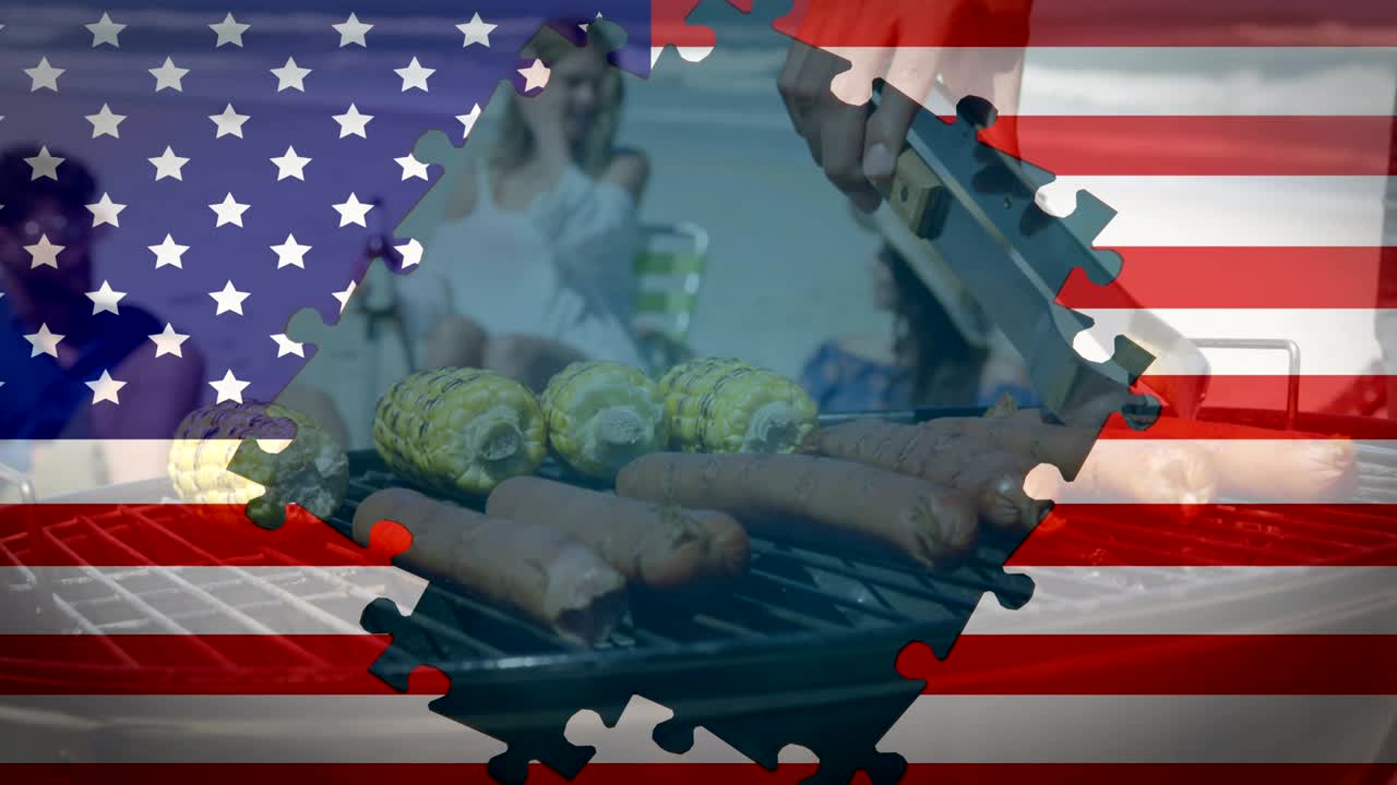 animación de la bandera estadounidense ondeando con rompecabezas que revelan amigos teniendo barbacoa en la playa