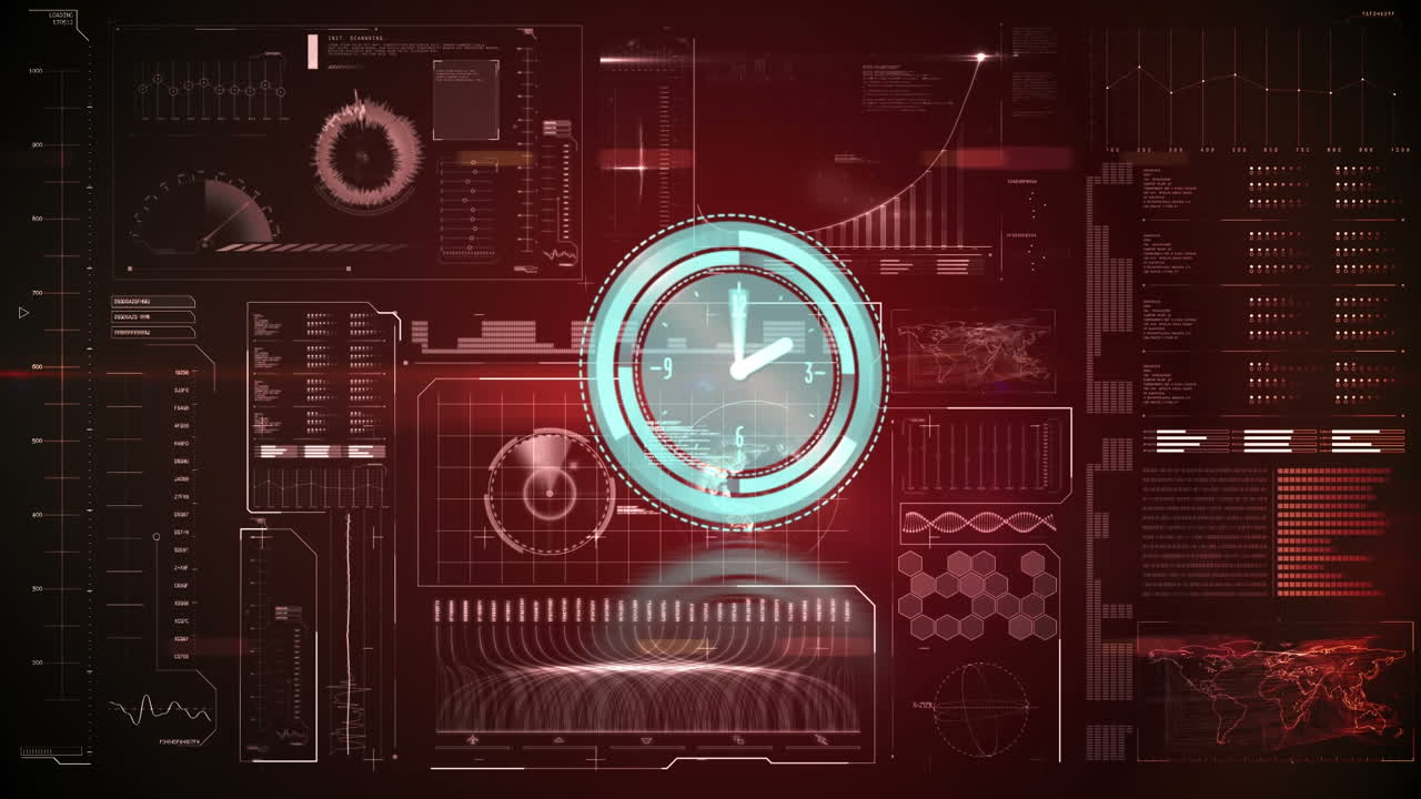 Animation of clock moving over data on red background
