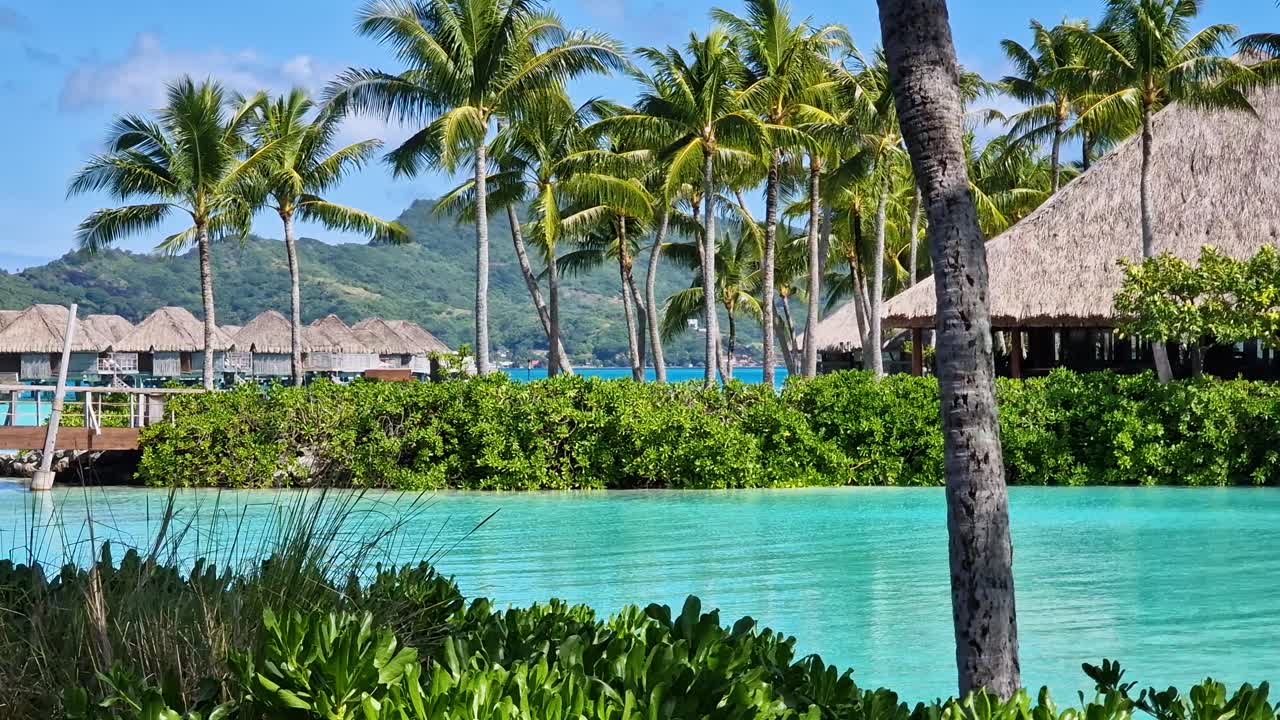 Luxury Tropical Resort on Bora Bora Island, French Polynesia. Bungalows and Turquoise Lagoon