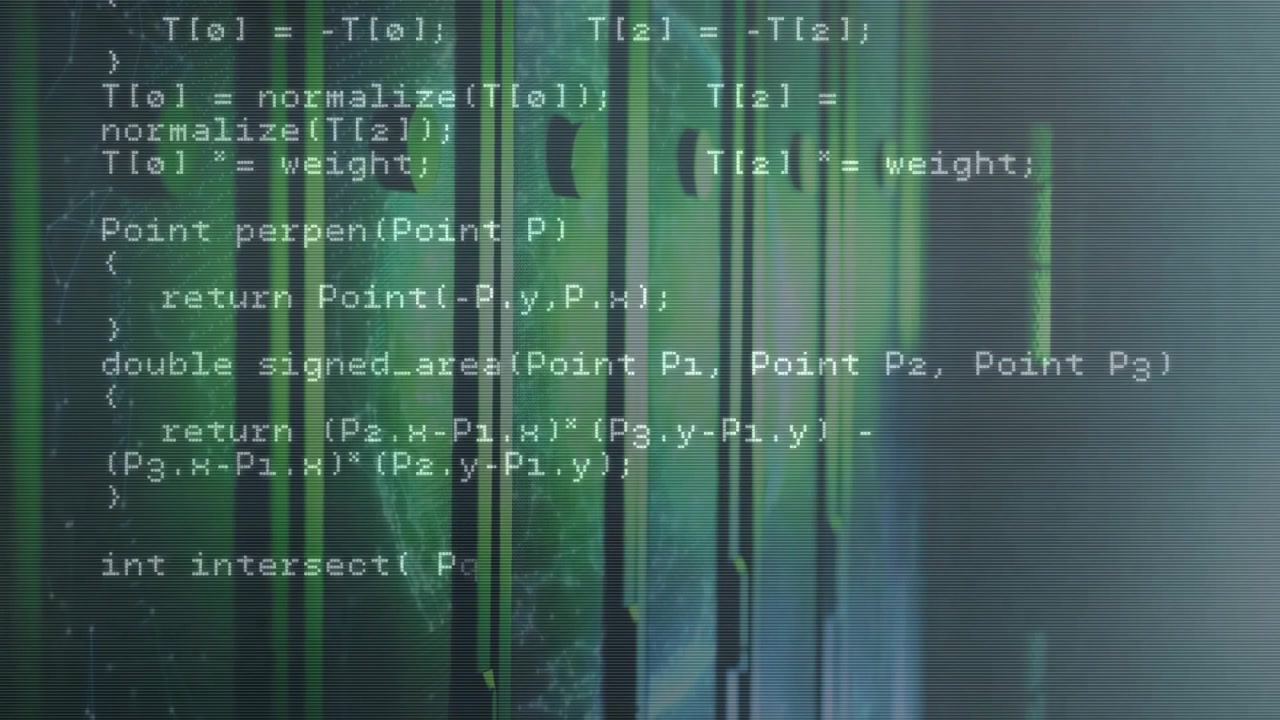 Ved opstart ruller C++ kode over en baggrund med grønne bjælker, der viser netværks- og geometri-rutiner.