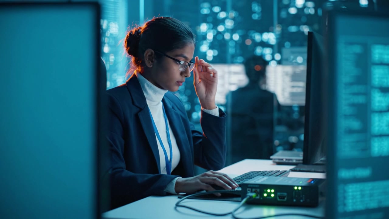 Focused professional working late at night in a modern office environment, analyzing data on computer screens amidst a futuristic urban backdrop filled with lights.