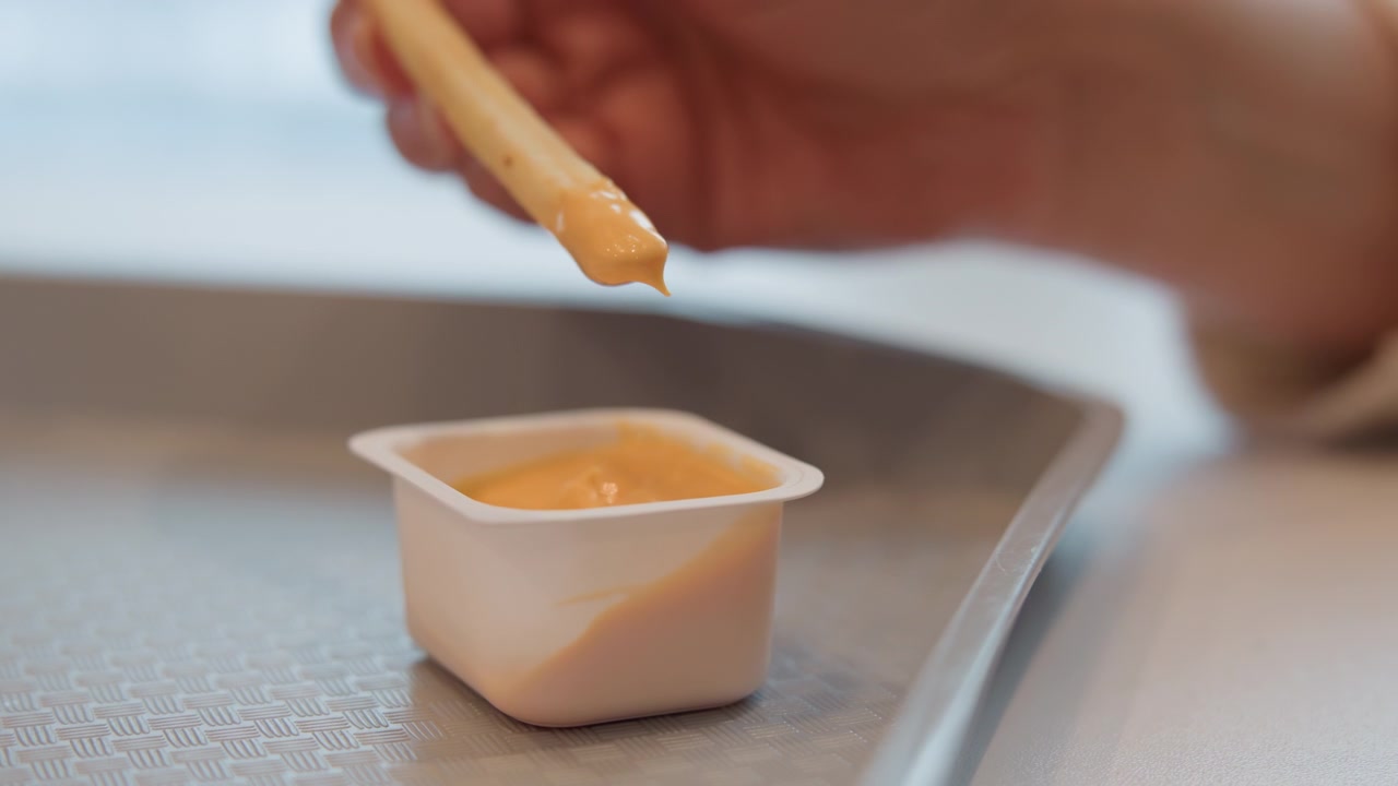 Hand holds wooden stir stick coated with small amount of creamy orange sauce above small square plastic condiment cup resting on textured metal tray; visible motion and slight blur on hand and stick