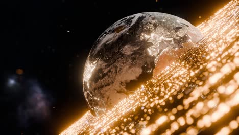 glowing earth showing illuminated europe, africa, asia with digital yellow particles in outer space. 3d rendering with night lights and yellow wave. futuristic technology and global connection