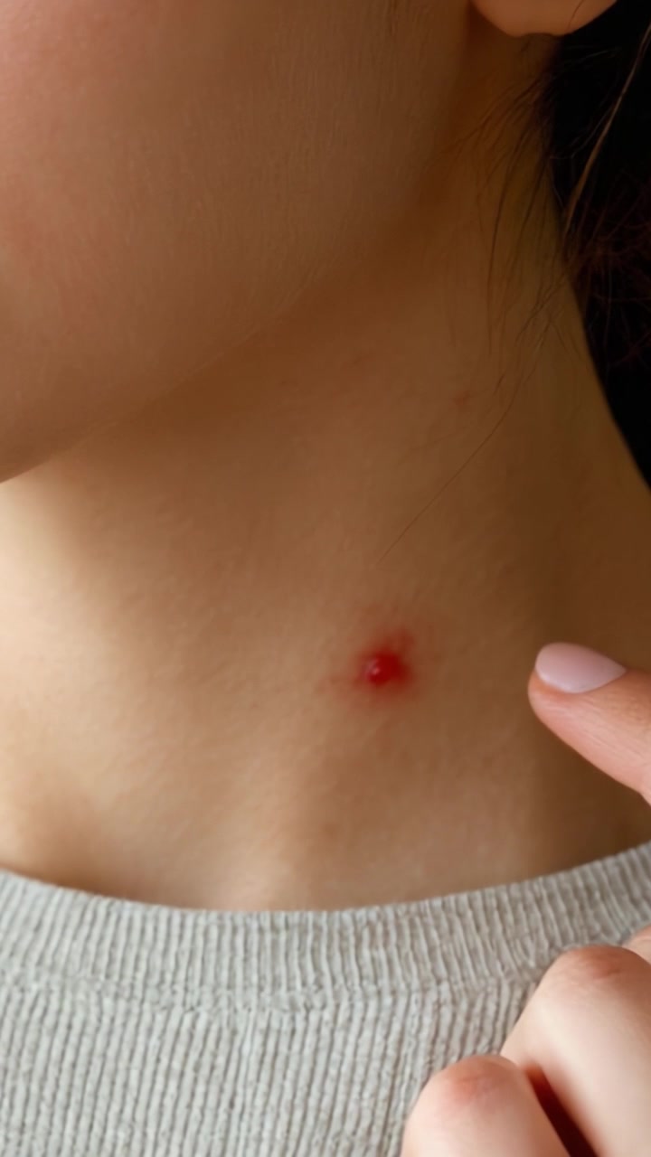 Osservazione ravvicinata di una macchia rossa sul collo, che indica una potenziale condizione cutanea o irritazione, catturata in due fotogrammi distinti per evidenziare progressione e cambiamento.