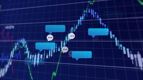 Stock market graph rising with animation of chat bubbles for online discussions