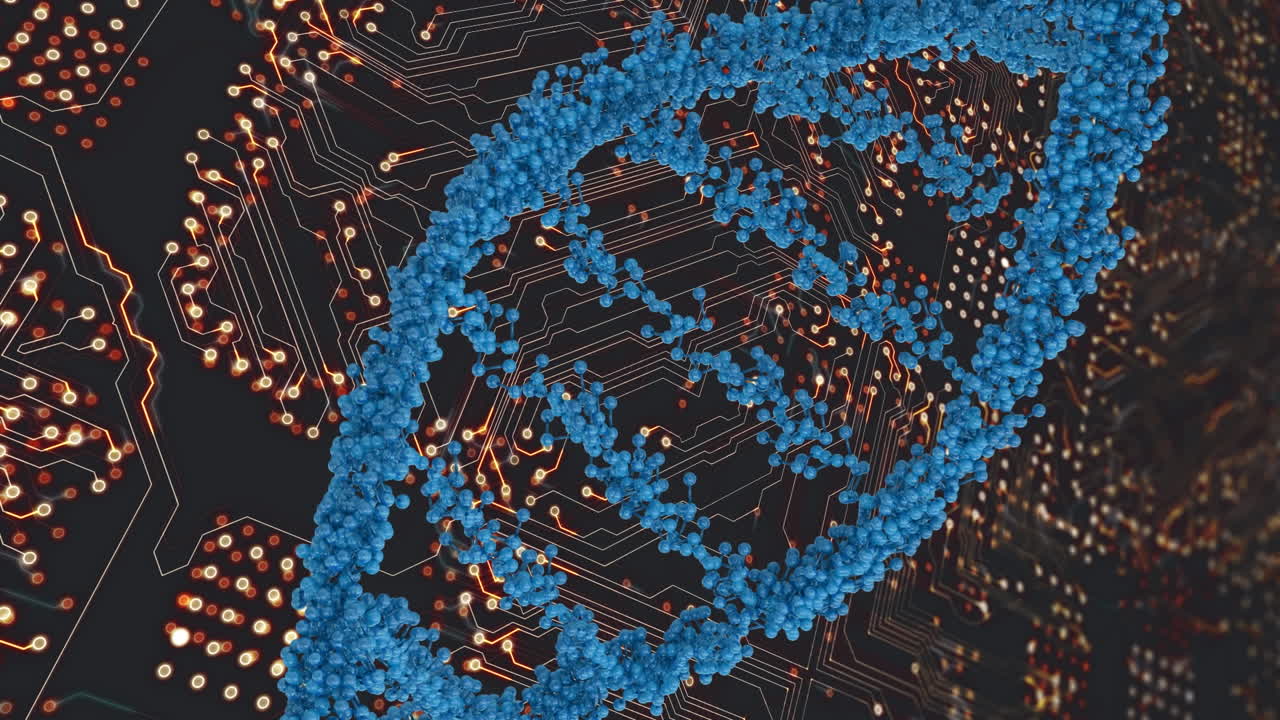 Animation of dna and integrated circuit on black background
