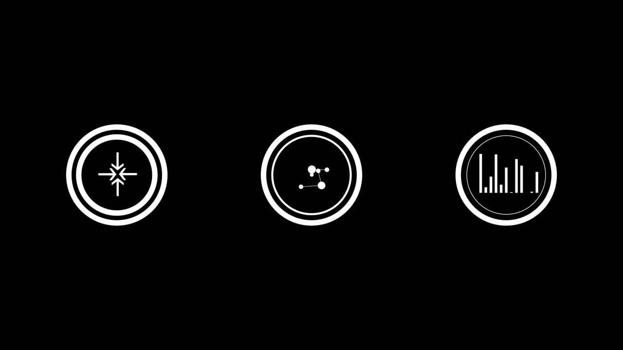 Three animated interface elements featuring a data network, a rising audio frequency spectrum, and a central focal point. Perfect for tech overlays