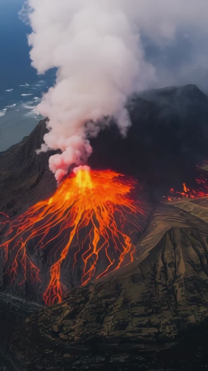Video verticale: magma incandescente che infiamma lo sfiato da cui fuoriesce lava incandescente sui pendii costieri, con pennacchio di fumo
