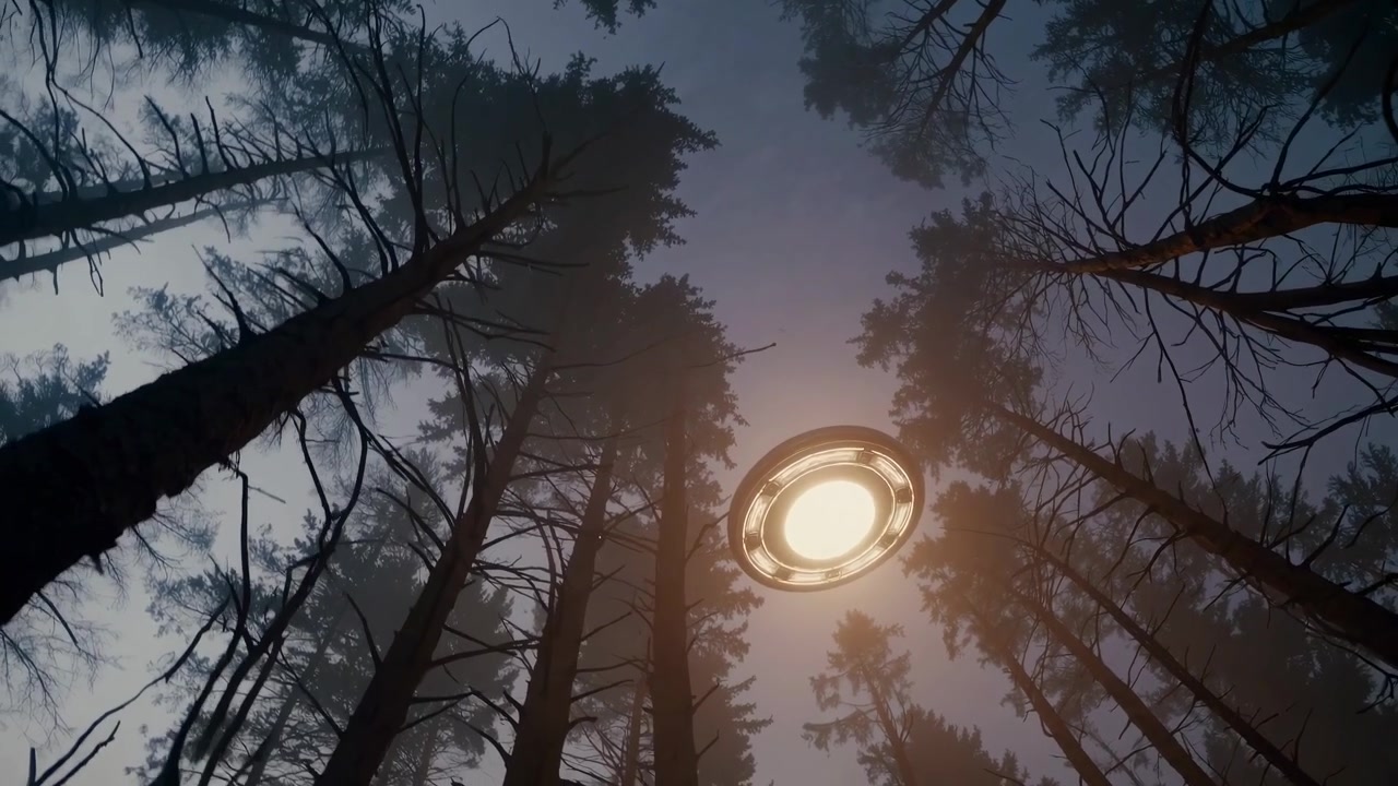 OVNI Brilhante Pairando Sobre Floresta Escura e Nebulosa à Noite