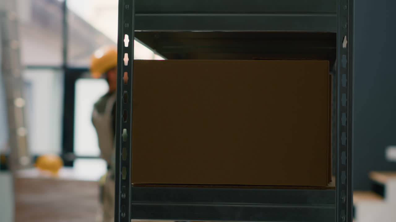 Warehouse shelves and cardboard boxes