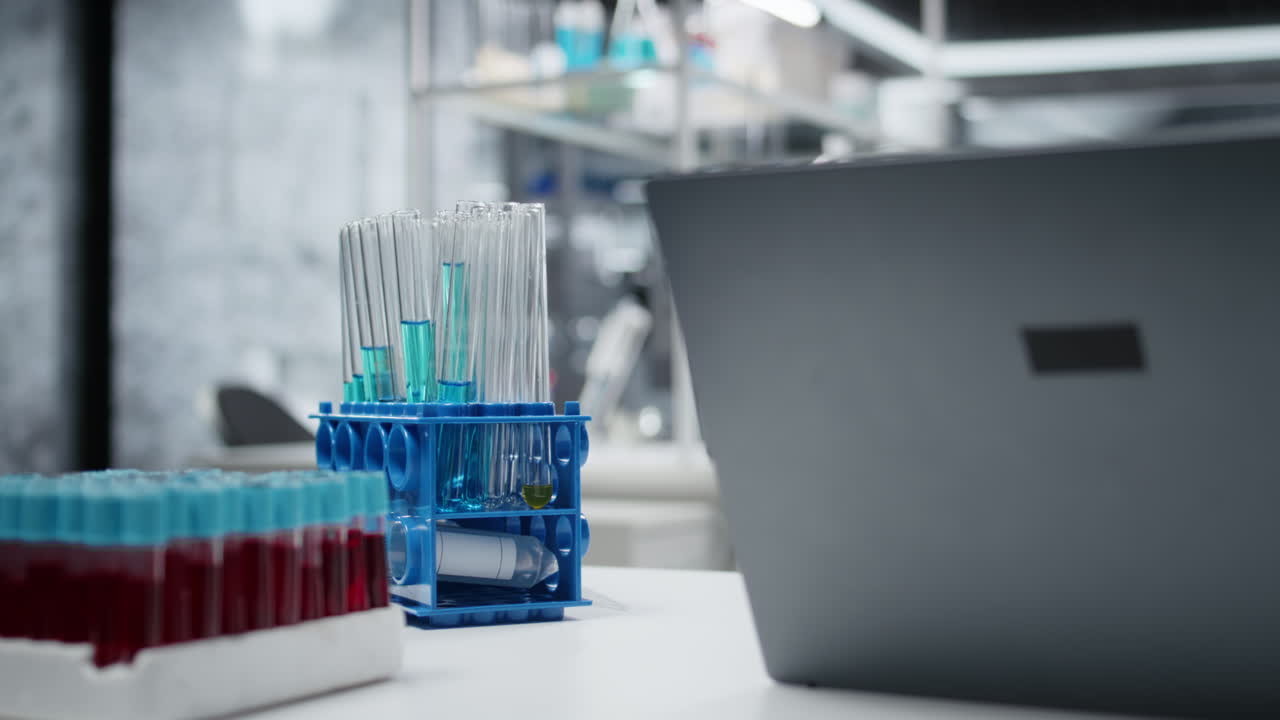 Close up of test tube racks on workbench in sterile empty hospital laboratory