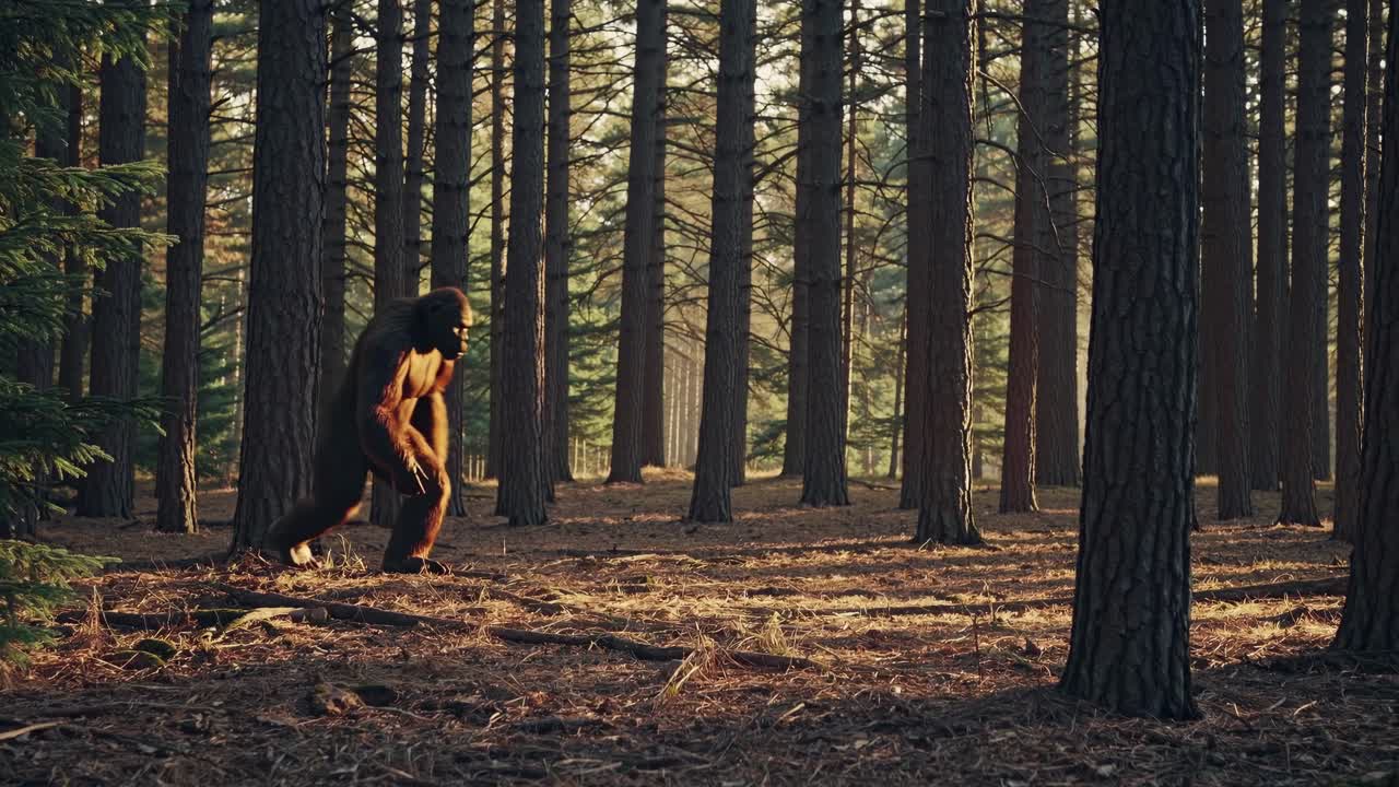 En videoramme fanger en person i en gorilladrakt i en skog, filmet fra lav vinkel