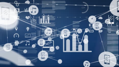 animation of network of connections with icons over data processing