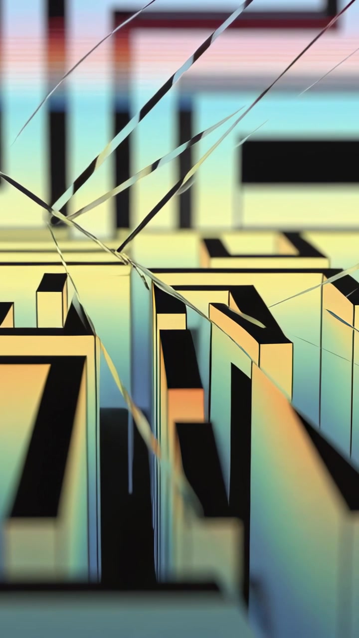 Video verticale: Che mostra un labirinto di blocchi 3D che si muove in una griglia CGI con crepe che si formano in alto a sinistra per la sovrapposizione