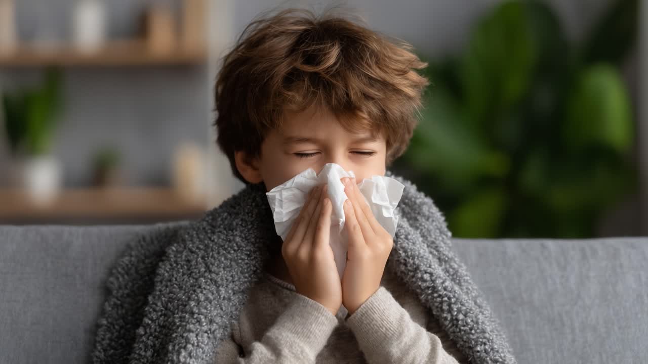 A young boy experiencing discomfort while blowing his nose into tissues, wrapped in a cozy blanket, highlighting the feeling of sickness and vulnerability in a domestic setting