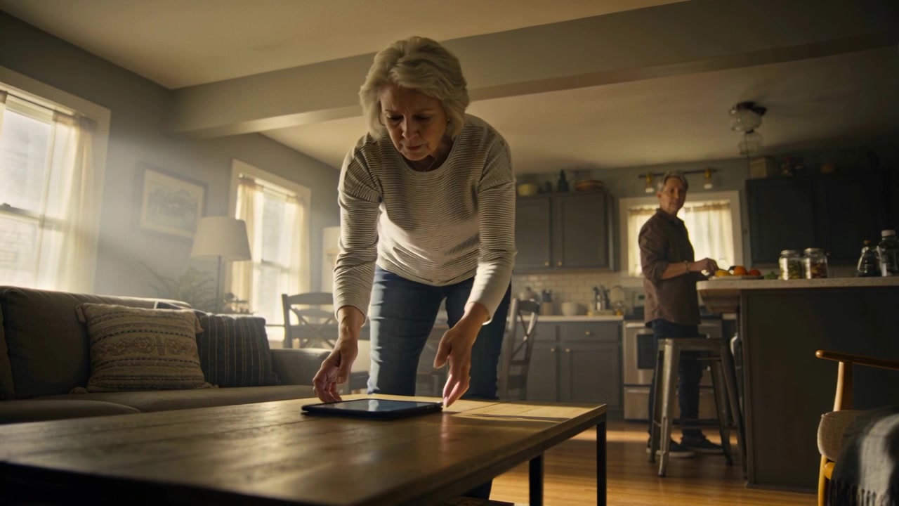 Binnenkomende oudere vrouw in trui en spijkerbroek pakt tablet van tafel thuis, man bedient aanrecht.