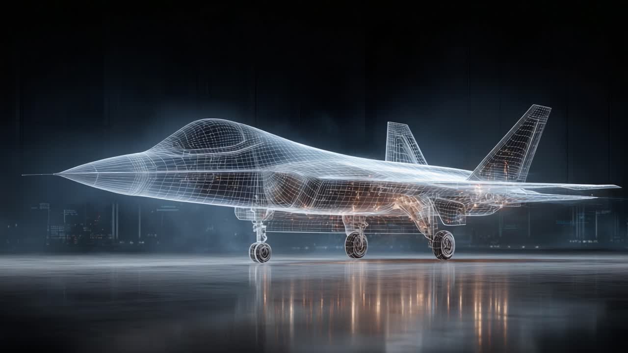 Innovative Concept of a Futuristic Military Aircraft in 3D Wireframe Representation Displayed Against a Dramatic Background in this Captivating Visual