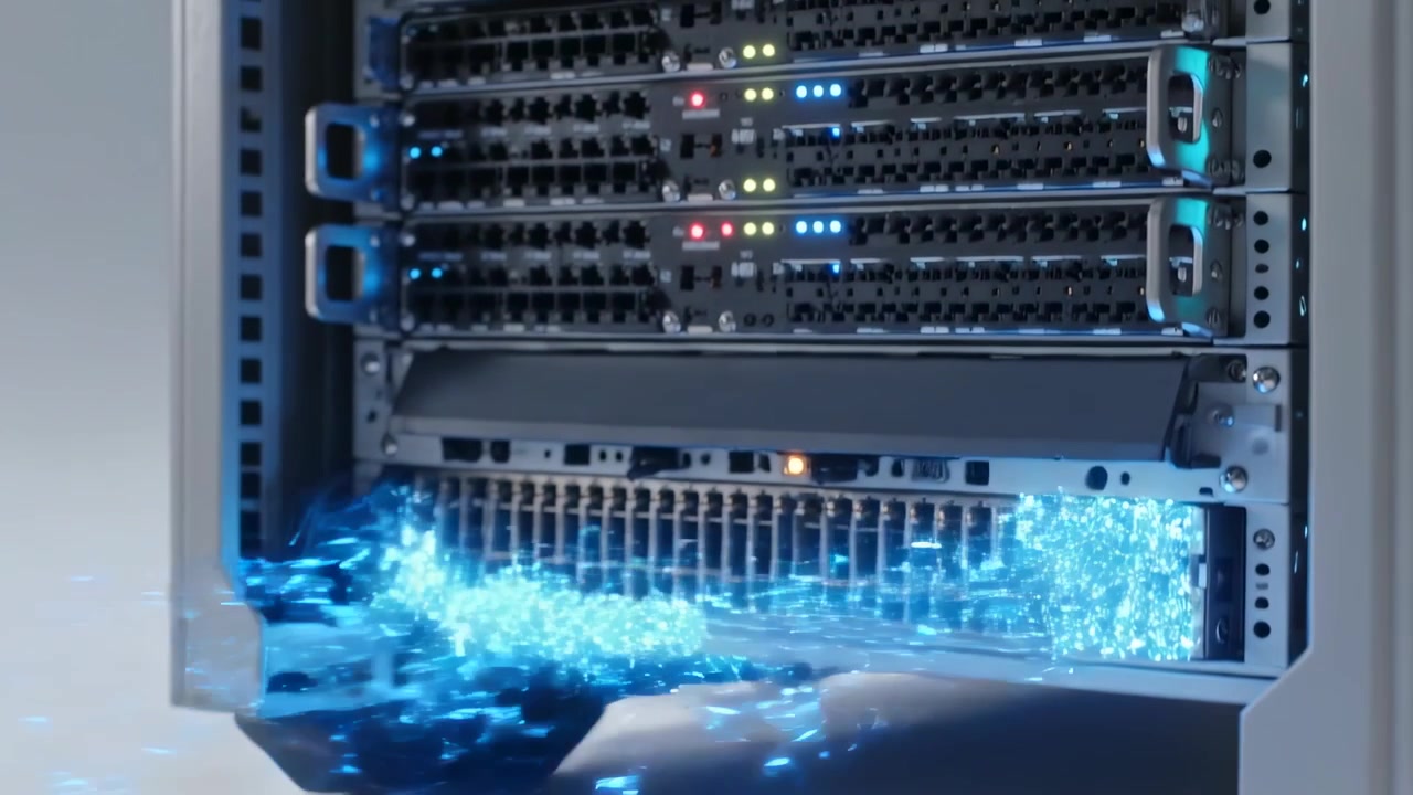 Streaming blue particles moving from floor into rack lower bay, activating LEDs and spinning fans