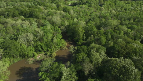 Río-Wolf-Serpenteando-A-Través-De-Una-Exuberante-Vegetación-En-Collierville,-Tennessee,-Toma-De-Luz-Diurna,-Vista-Aérea