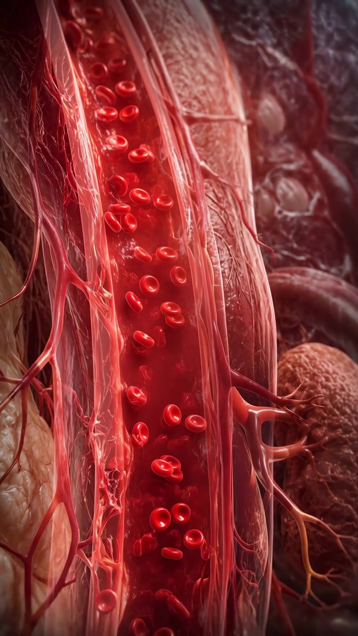 Escena macro vertical de tejido biológico interno centrada en un vaso sanguíneo lleno de glóbulos rojos en flujo, lumen brillante, estructura vascular ramificada, textura orgánica en capas, detalle médico.