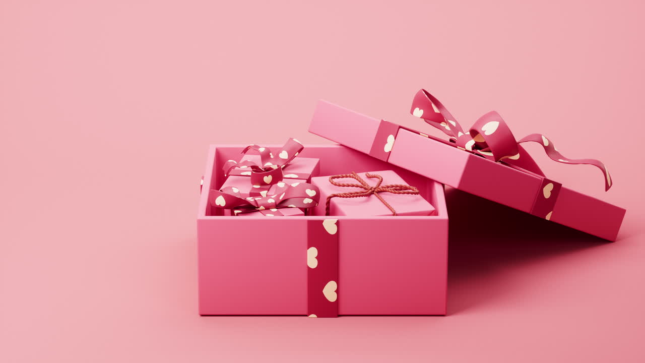 Opening pink cartoon style gift box, 3d rendering.