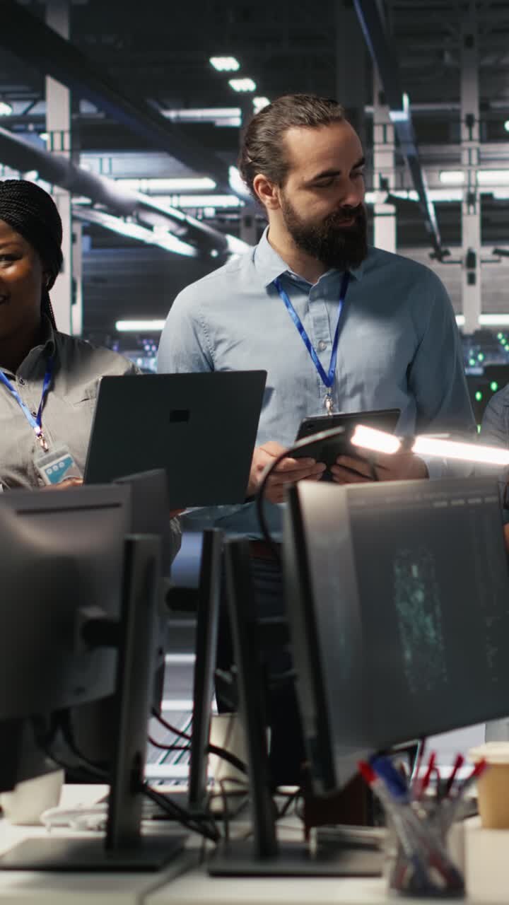 Vertical video Smiling engineering team in server room reviewing infrastructure diagnostics