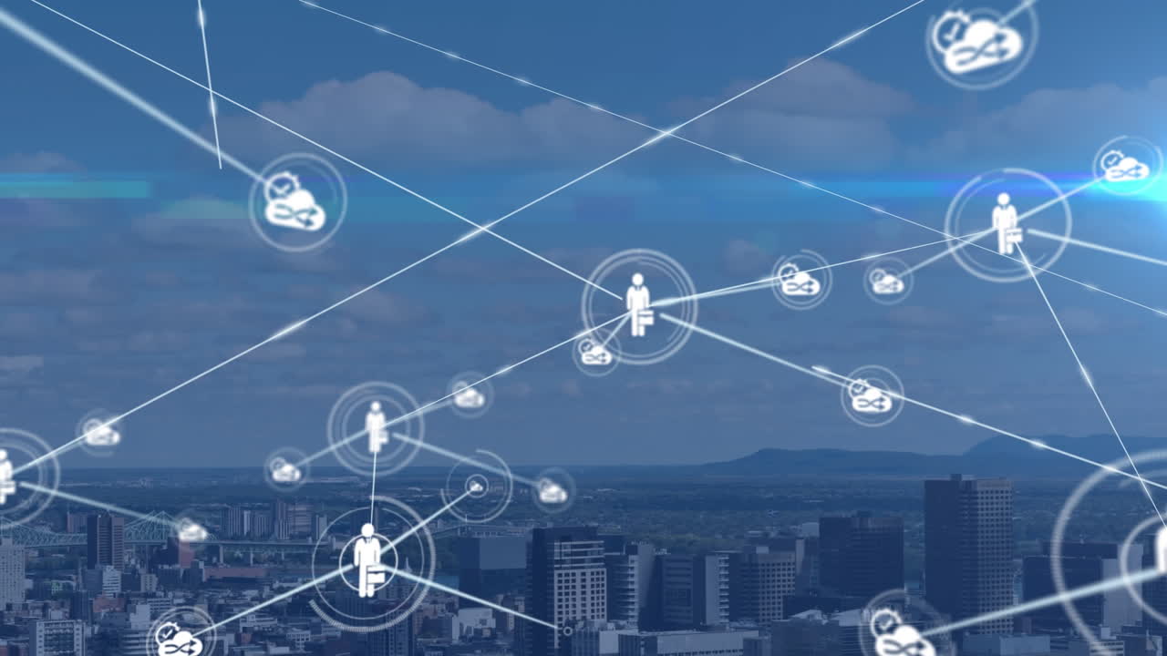 animación de la red de conexiones con iconos sobre el paisaje urbano