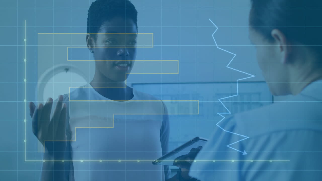 Animation of financial data processing over diverse business people in office