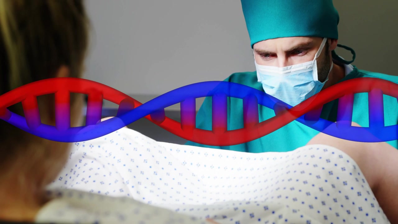 Elica di DNA medica che attraversa l'inquadratura, con un medico che si china sul paziente e assiste al parto.