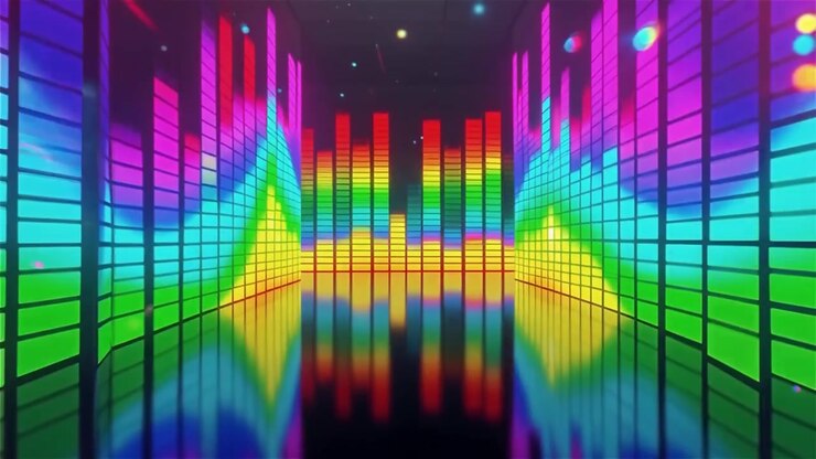 Sfondo visualizzatore equalizzatore musicale neon arcobaleno futuristico.
