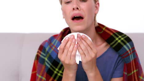 sick blonde blowing her nose