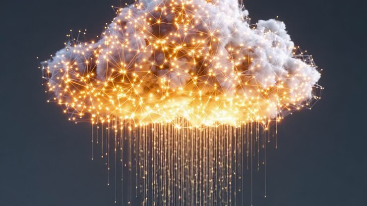 Una nube digitale brillante con una pioggia di luce a cascata: una rappresentazione artistica del meteo in uno stile moderno e astratto con reti connesse