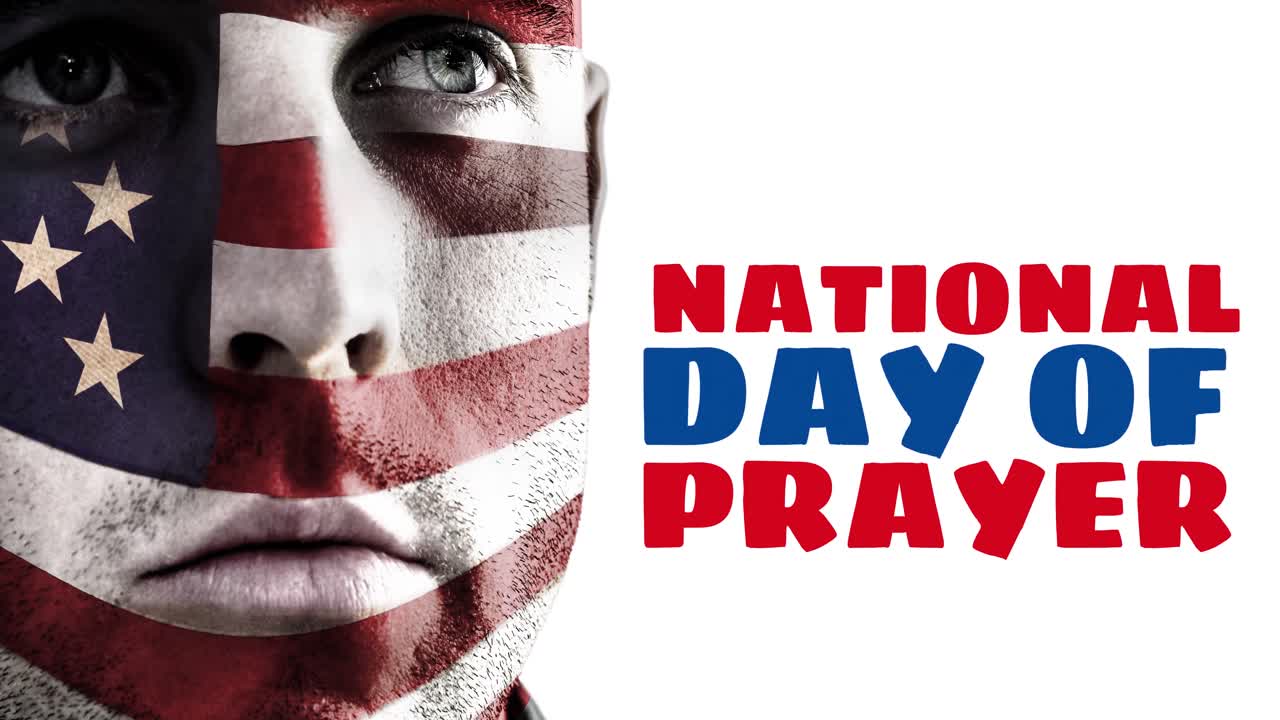 Animation of national day of prayer text with american flag over caucasian man's face