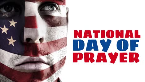 Animation-of-national-day-of-prayer-text-with-american-flag-over-caucasian-man's-face