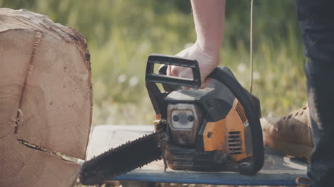 man cutting wood using chainsaw