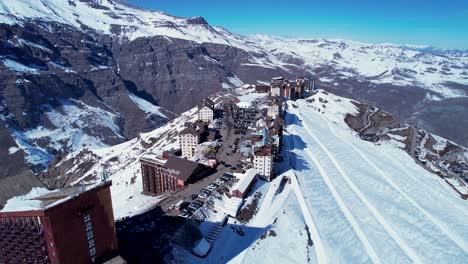 Panoramic-view-of-Ski-station-centre-resort-at-snowy-Andes-Mountains-near-Santiago-Chile