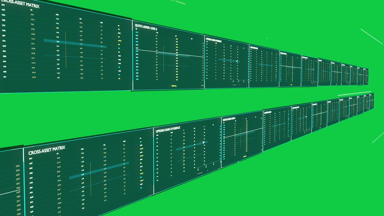 View sliding right revealing data wall panels scanning ticker updating market, transparent bg