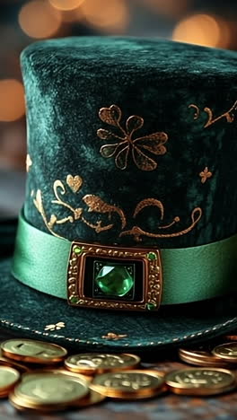 festive green luck hat. a green top hat adorned with shamrocks rests on a wooden surface scattered with gold coins, perfect for festivities.